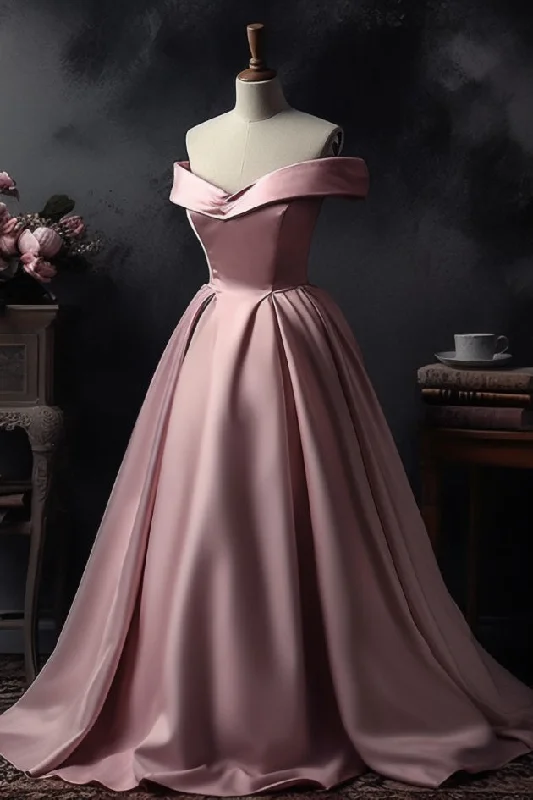 A-Line Off-the-shoulder Pink Sleeveless Strapless Long Prom Dress Stretch Maxi Skirt