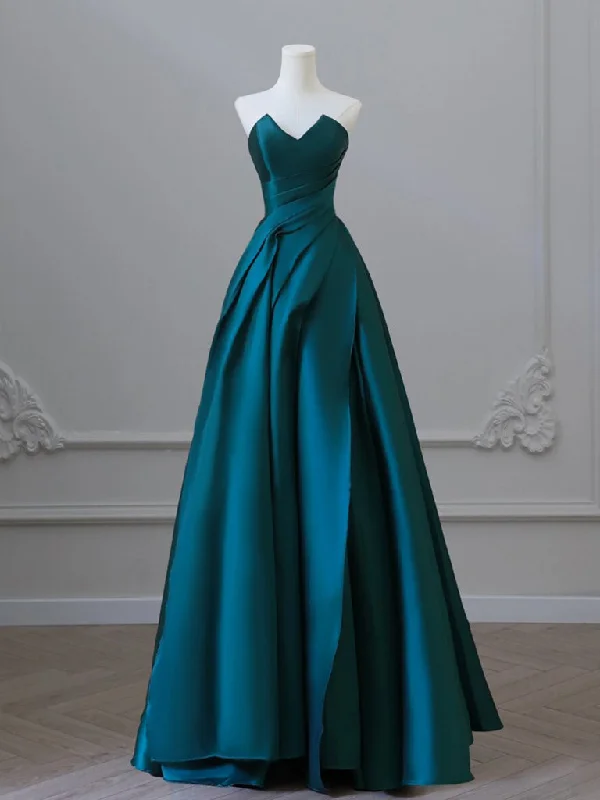 A-Line Satin Green Long Prom Dress, Green Satin Long Formal Dress Wrap Maxi Skirt