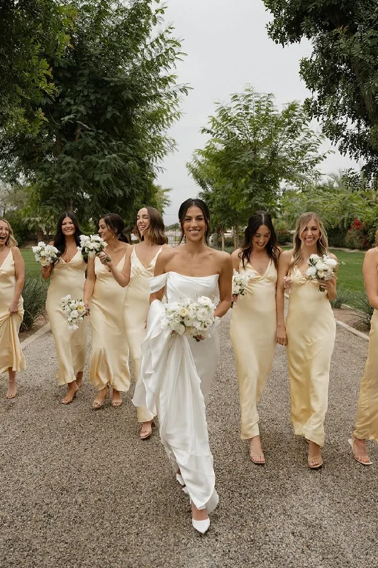 A Line Sheath V Neck Yellow Satin Long Bridesmaid Dress Slim-fit Maxi Skirt