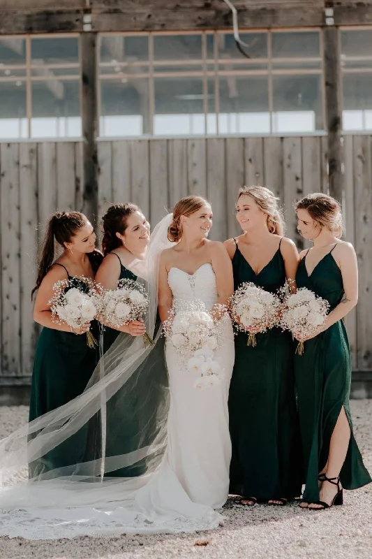 A Line Spaghetti Straps Green Long Bridesmaid Dress with Split Front Ruffle Maxi Skirt