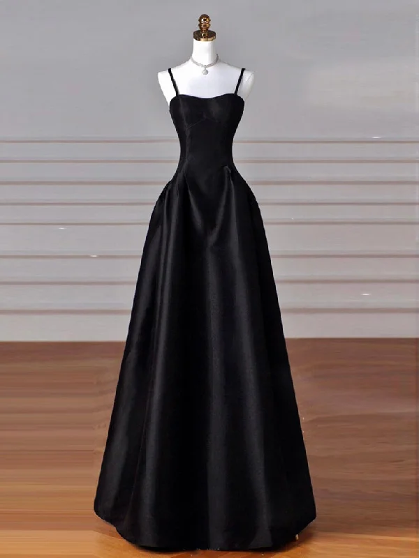 A-Line Sweetheart Neck Satin Black Long Prom Dress, Black Long Formal Dress Comfortable Maxi Look