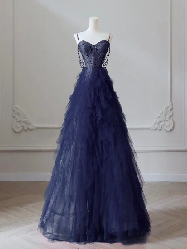 A-Line Sweetheart Neck Tulle Dark Blue Long Prom Dress, Dark Blue Long Graduation Dress with Beads Flowing Maxi Skirt