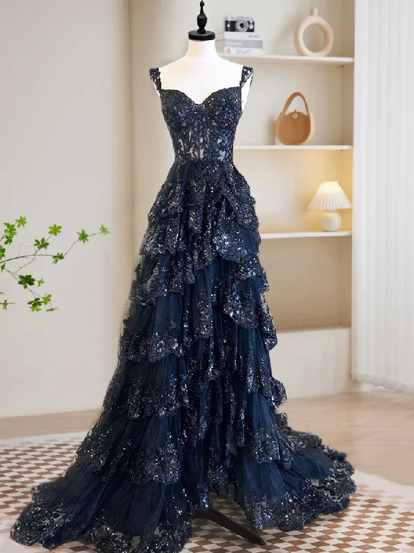 A-Line Tulle Sequin Navy Blue Long Prom Dress, Navy Blue Sequin Long Formal Dress Cozy Maxi Skirt