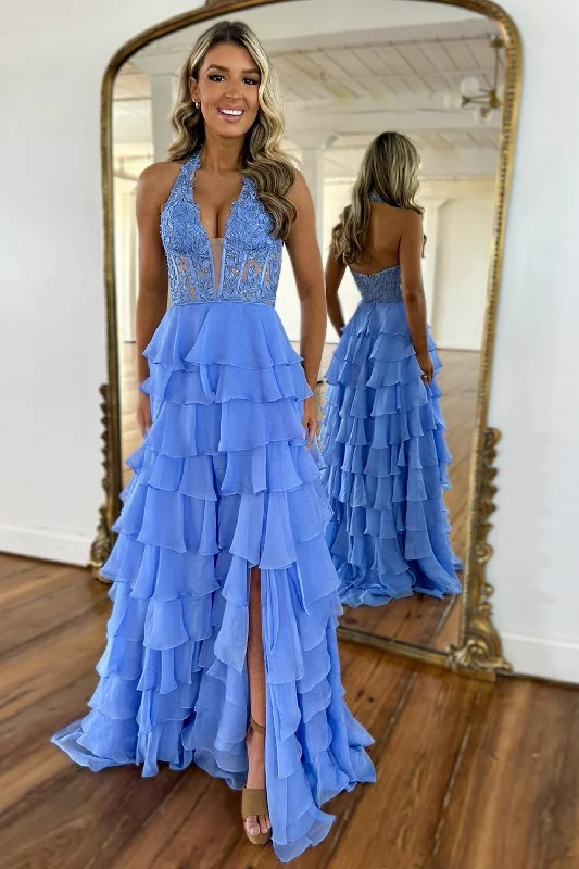 Blue A-Line Halter Neck Lace Top Long Tiered Chiffon Prom Dress With Slit Colorful Maxi Skirt