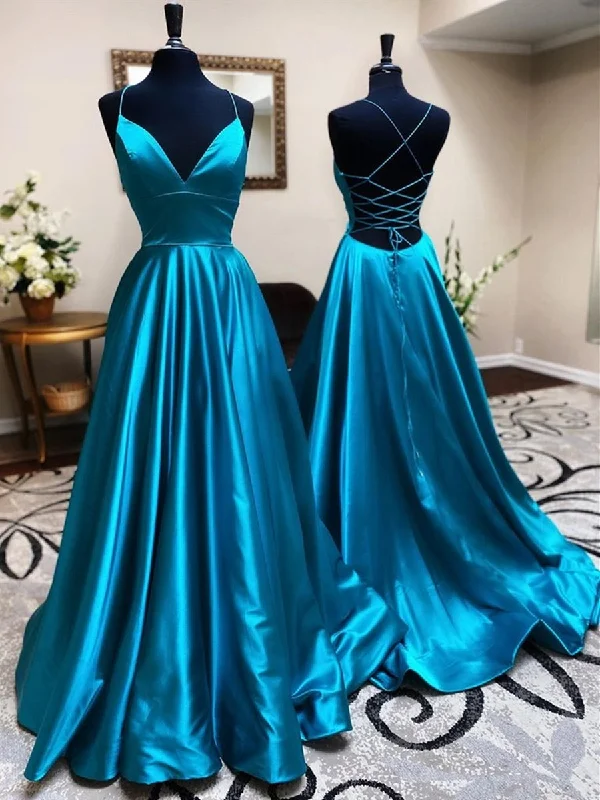 Blue A Line V Neck Backless Satin Long Prom Dresses Open Back Formal Graduation Evening Gowns Maxi Skirt Look