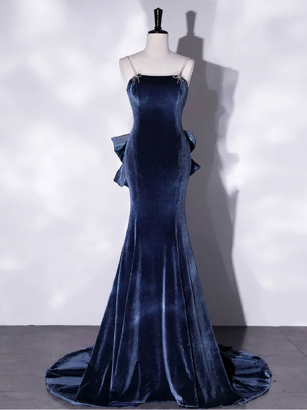 Blue Unique Mermaid Velvet Long Prom Dresses, Velvet Formal Evening Dresses Elegant Maxi Skirt