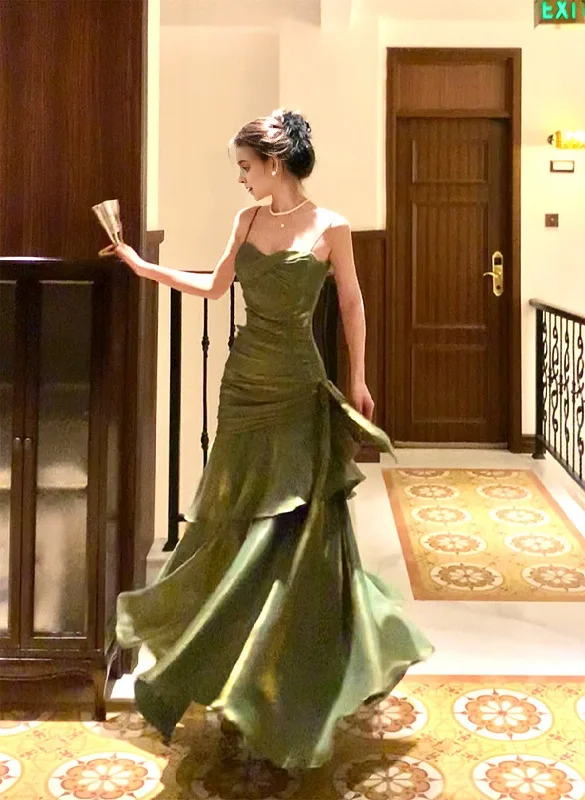 Chic Green Straps Sweetheart Long Formal Dress, Green Prom Dress Evening Dress Soft Ruffled Maxi