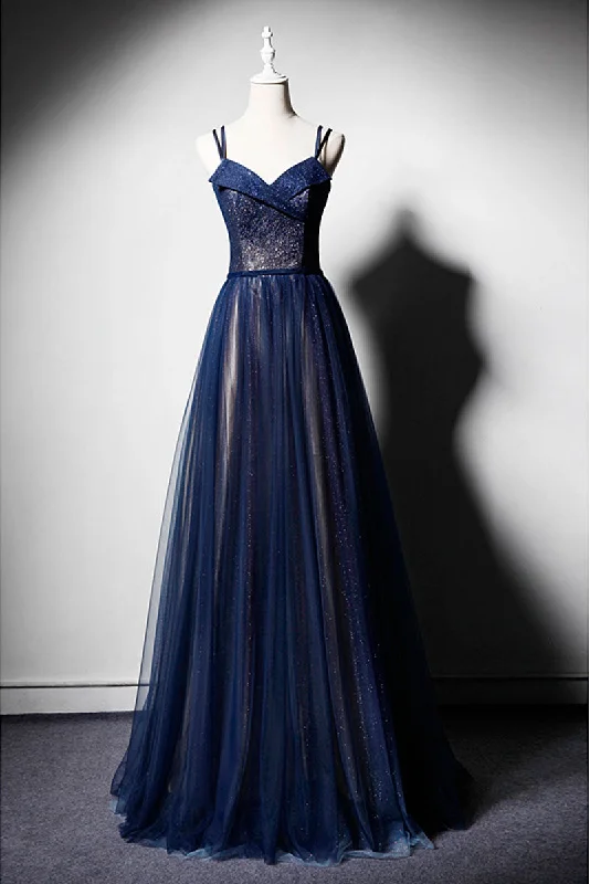 Dark Blue Tulle Long Prom Dress, Dark Blue Evening Dress Summer Floral Maxi