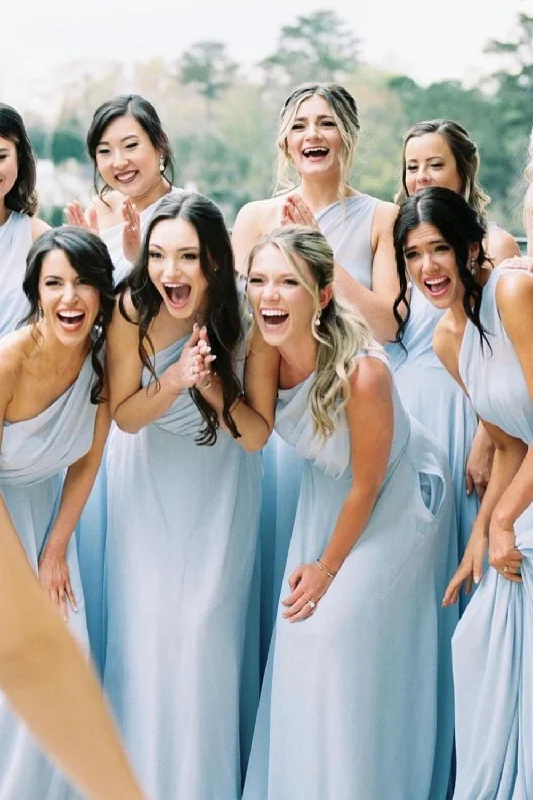 Elegant A Line One Shoulder Blue Long Bridesmaid Dress with Ruched Casual Maxi Outfit