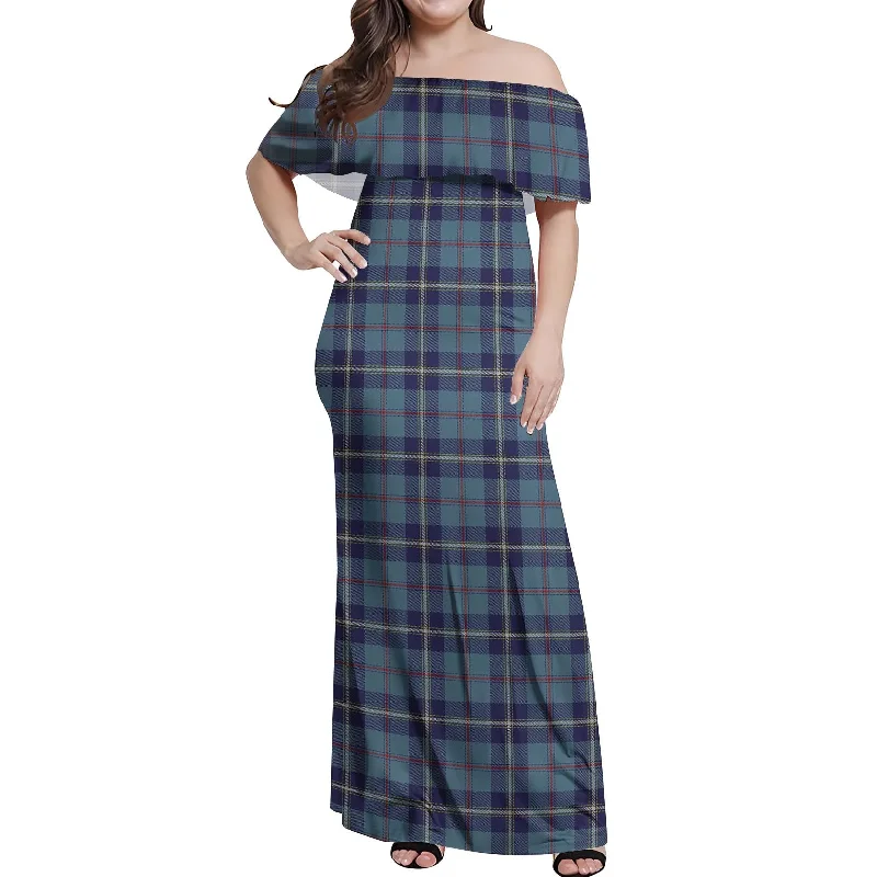 MacRae of America Tartan Off Shoulder Long Dress Slim-fit Maxi Skirt