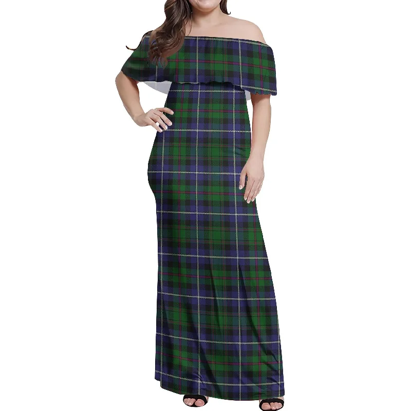 MacRow Hunting Tartan Off Shoulder Long Dress Cozy Maxi Dress