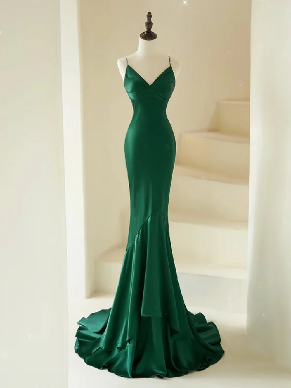 Mermaid V Neck Satin Green Long Prom Dress, Green Long Evening Dress Maxi Skirt Set