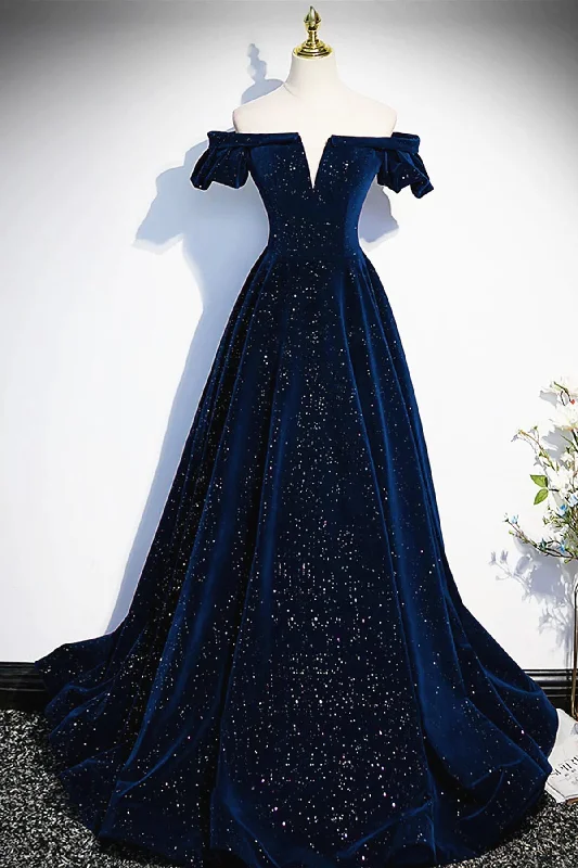 Off the Shoulder Dark Navy Blue Long Prom Dresses, Dark Navy Blue Long Formal Evening Dresses Maxi Skirt Party