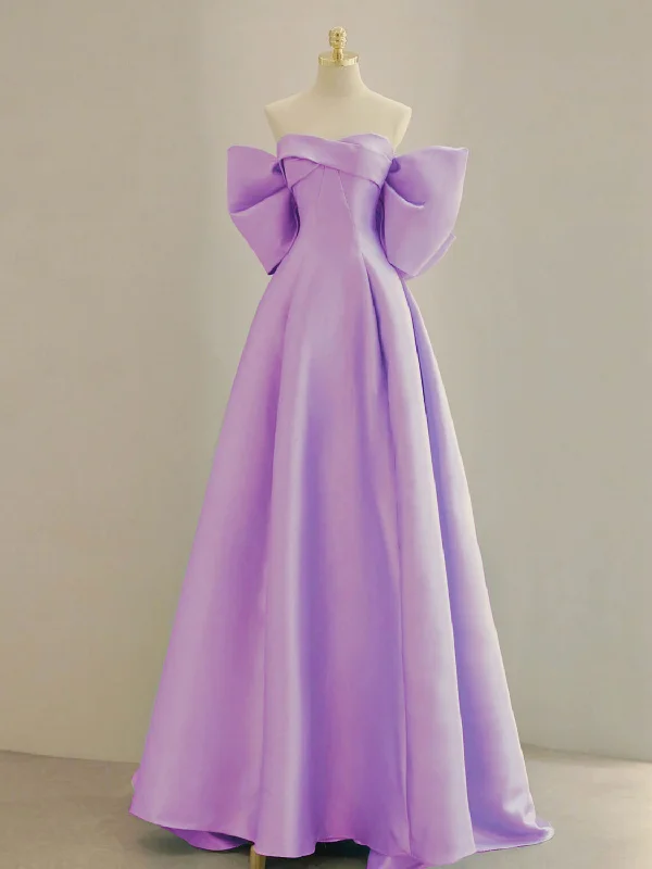 Purple A-Line Satin Long Prom Dresses, Purple Satin Evening Dresses Maxi Skirt Outfit