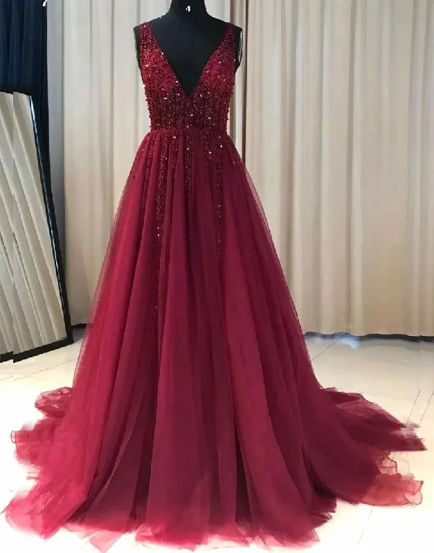 Red A-Line Deep V neck Sexy Beading Long Prom Dress Maxi Skirt Trendy