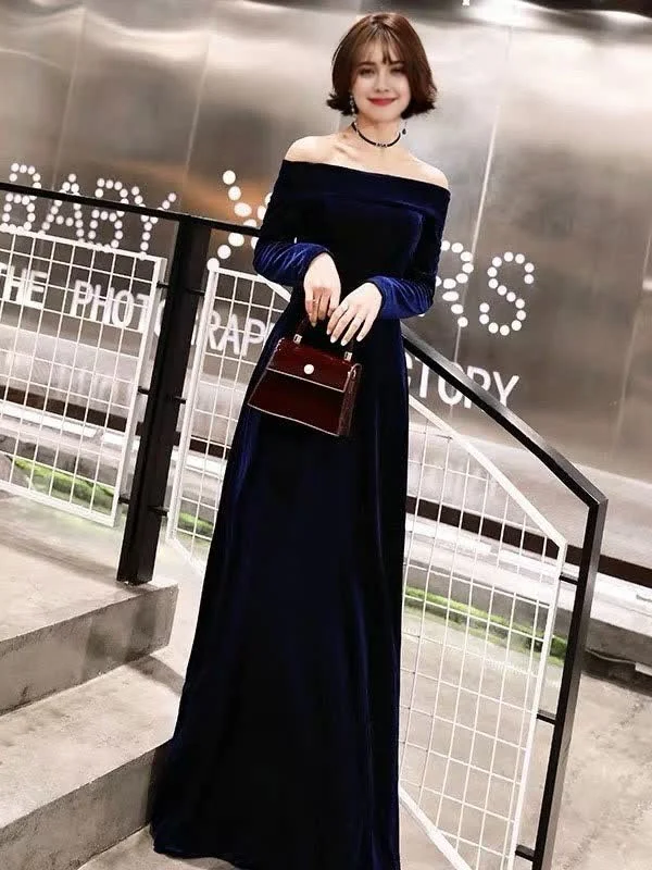 Royal Blue Classic Evening Dresses Velvet Long Sleeve Off Shoulder Prom Dresses Wrap Maxi Skirt