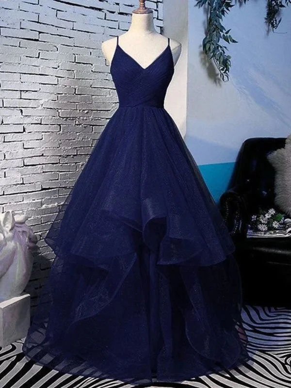 Shiny V Neck Navy Blue Long Prom Dresses, Fluffy Navy Blue Formal Evening Dresses, Sparkly Ball Maxi Skirt Classic