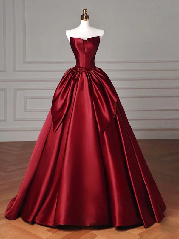 Simple A-Line Satin Burgundy Long Prom Dress, Burgundy Long Formal Dress Front Slit Maxi