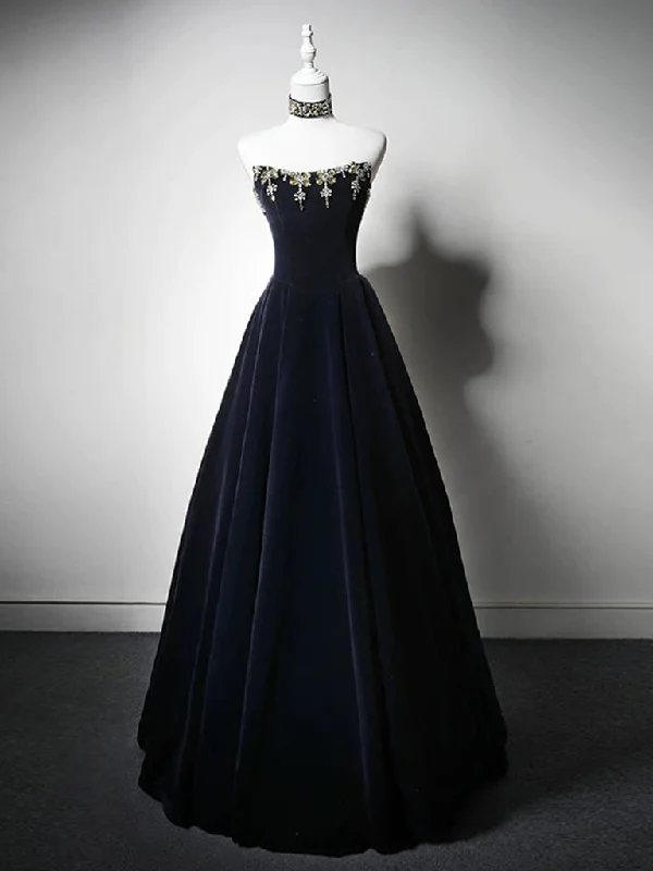 Simple A-Line Velvet Dark Blue Long Prom Dress with Beads A-line Maxi Skirt