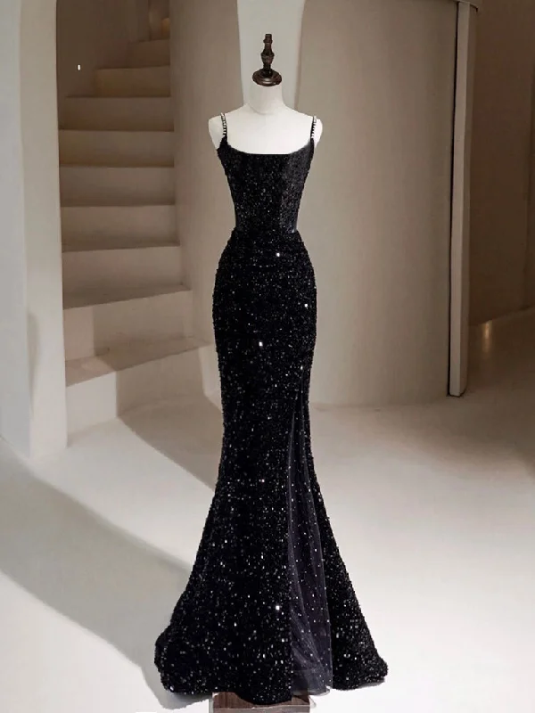 Simple Mermaid Velvet Sequin Black Long Prom Dress, Black Long Evening Dress Flowing Boho Skirt