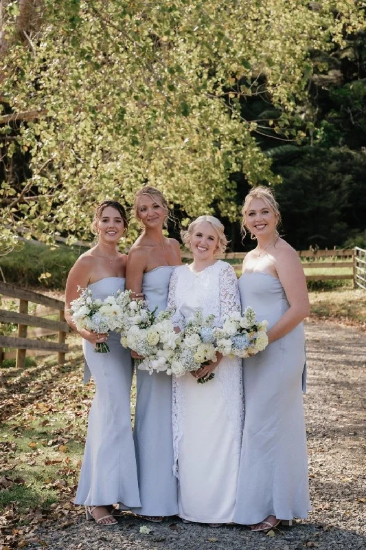 Simple Sheath Strapless Lilac Long Bridesmaid Dress with Bowknot Tulle Maxi Skirt