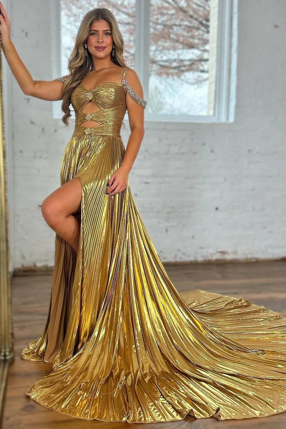 Stylish Gold A-Line Beaded Off The Shoulder Long Metallic Prom Dress With Slit Elegant Maxi Skirt