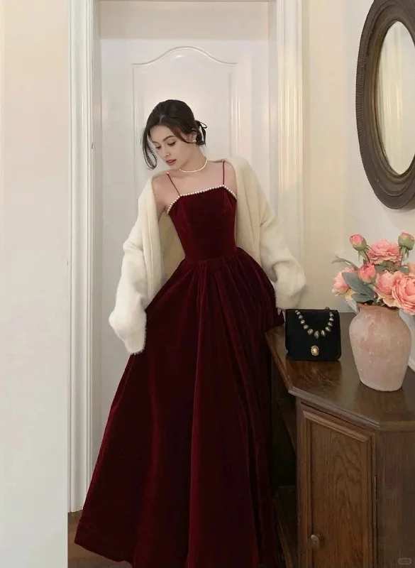 Wine Red Velvet Straps Long Evening Dress, Wine Red Velvet Prom Dress Formal Maxi Outfit