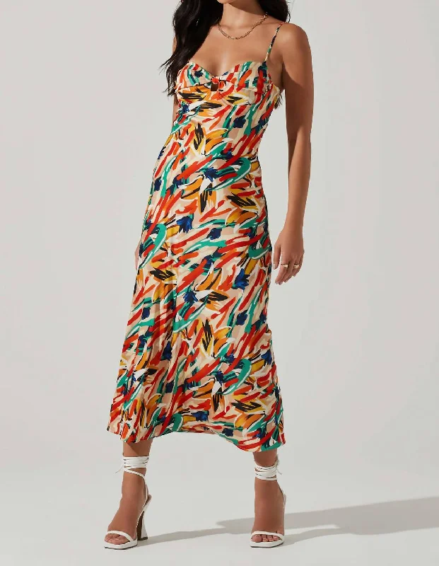 Mariela Abstract Satin Midi Dress In Orange Green Multi Midi Skirt Chic