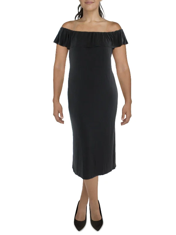 Womens Boat Neck Knit Midi Dress Embroidered Midi Skirt