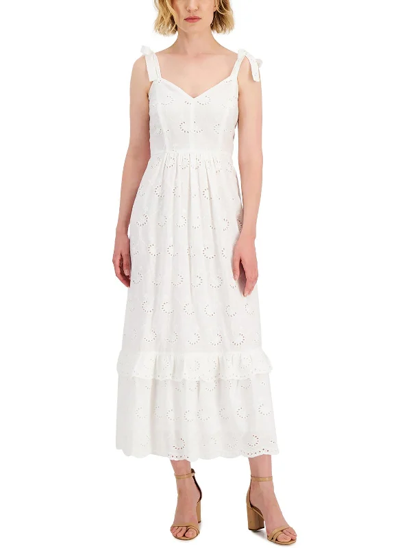 Womens Eyelet Tea Midi Dress Wraparound Midi Skirt