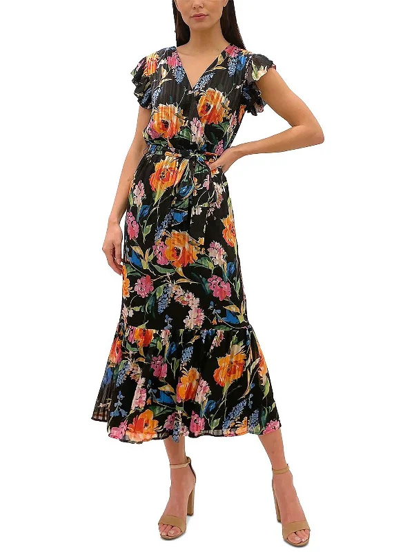 Womens Floral Chiffon Midi Fit & Flare Dress Casual Midi Skirt