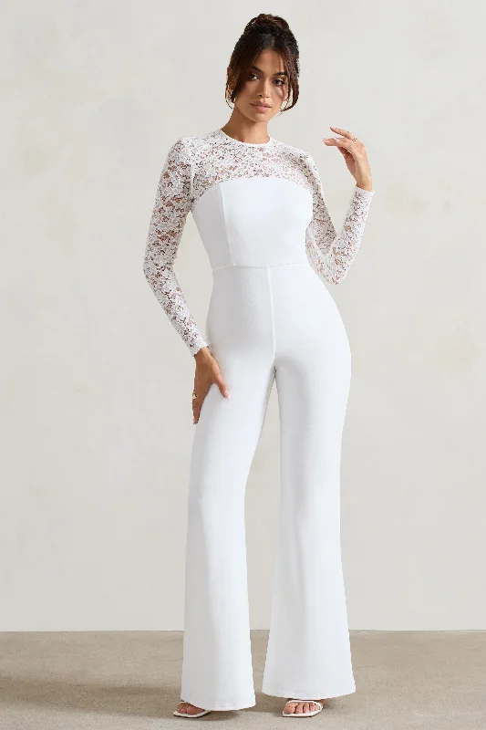 Amari | White Lace Long-Sleeve Flared-Leg Jumpsuit Lace Dress Shine