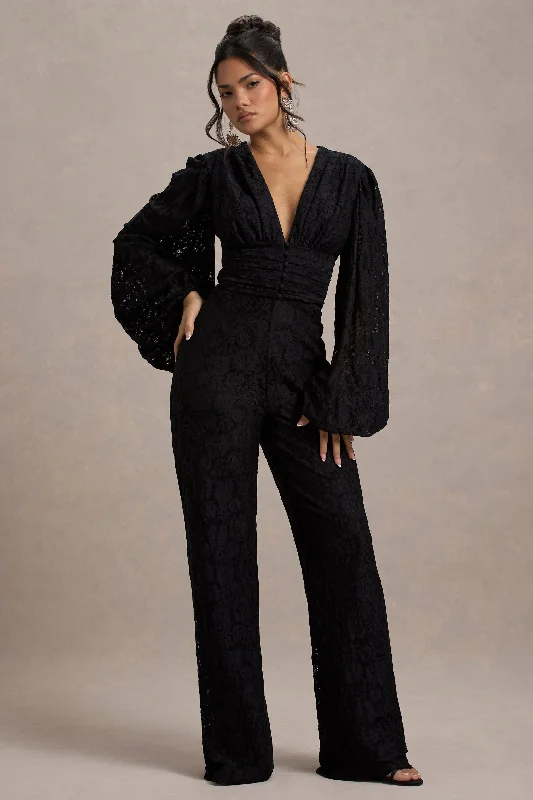 Calamina | Black Lace Plunge-Neck Wide-Leg Jumpsuit Lace Dress Classic