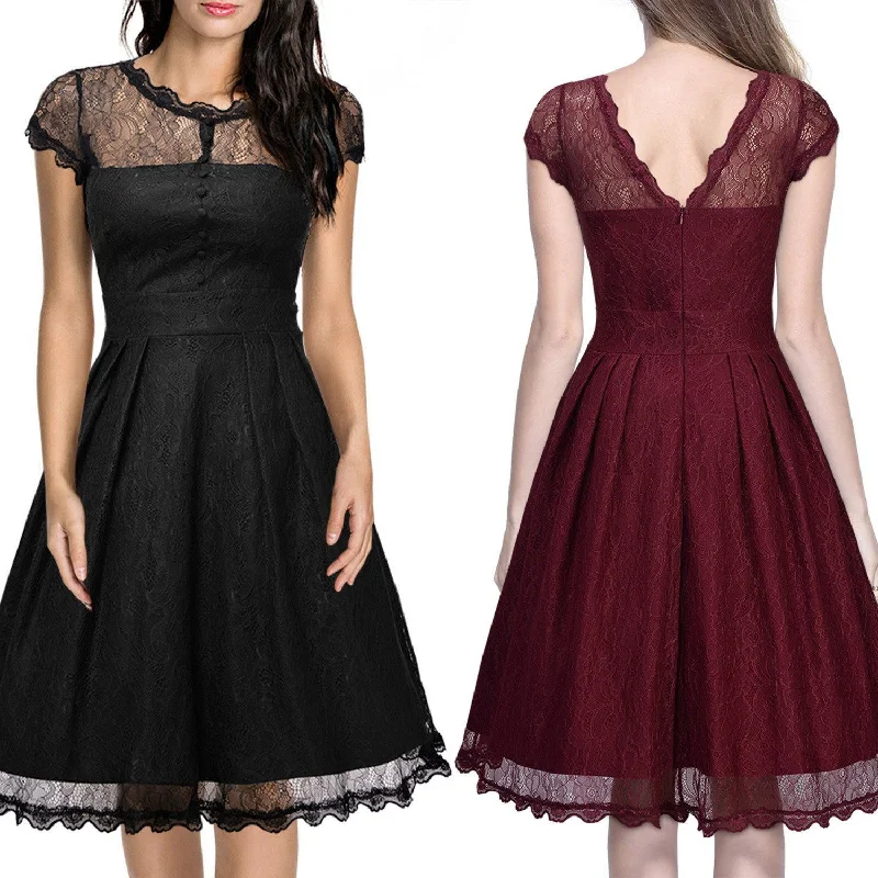 Elegant Lace Short Sleeve A-Line Knee-Length Dress Lace Dress Glamorous