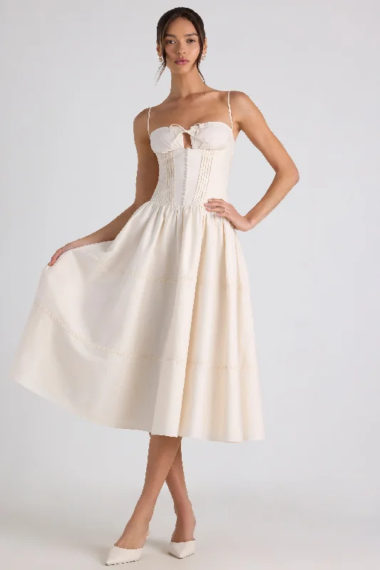 Lace-Trim Pintucked Poplin Midaxi Dress in Ivory Lace Dress Glamorous