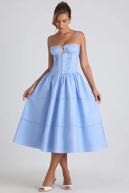 Lace-Trim Pintucked Poplin Midaxi Dress in Sky Blue Simple Lace Dress