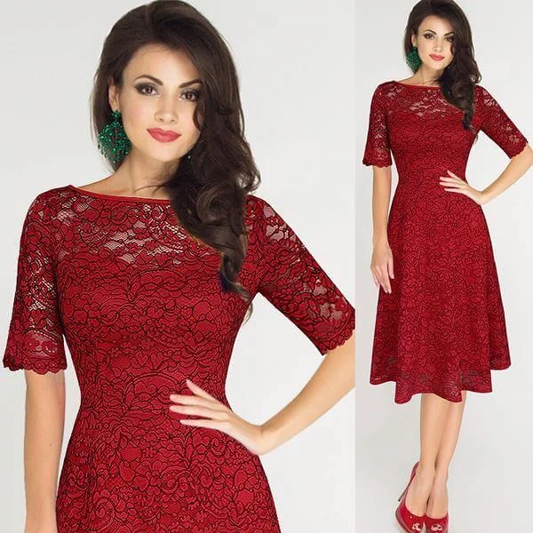 Graceful Half Sleeve Lace Pleat Knee-length Dress Lace Dress Party