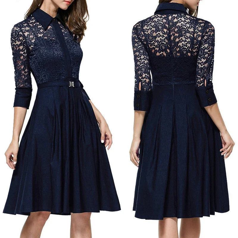 Lace Long Sleeves Solid Splicing Pleated Short Dress Lace Party Dress