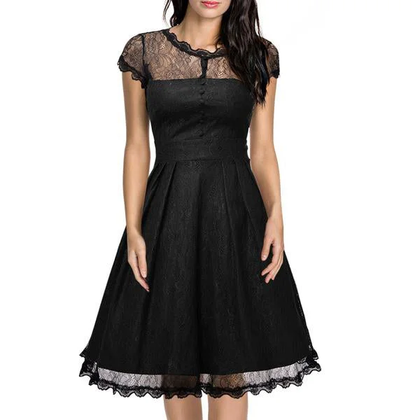 Lace Short Sleeves Splicing Pleated Single Button Short Dress Lace Midi Dress