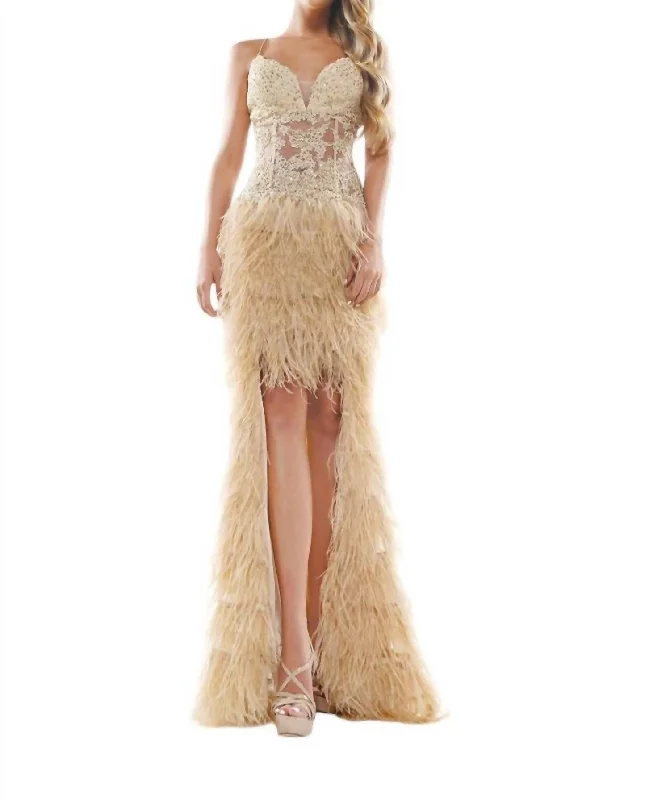 Lace With Faux Feather Long Dress In Nude White Lace Dress