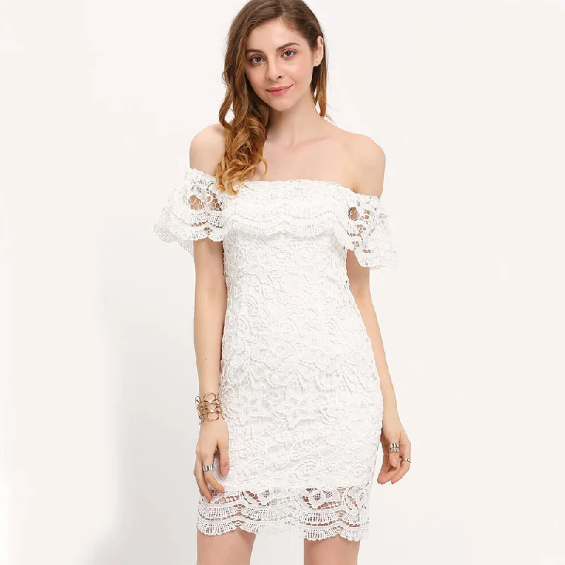 Off Shoulder Pure Color Short Sleeves Short Lace Dress Lace Dress Accent