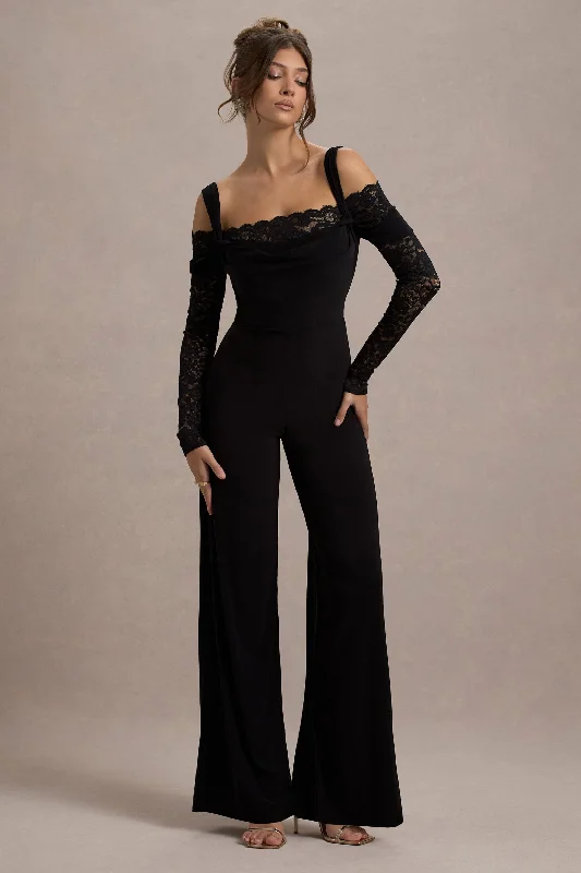 Palmira | Black Wide-Leg Jumpsuit With Lace Sleeves Flowy Lace Dress