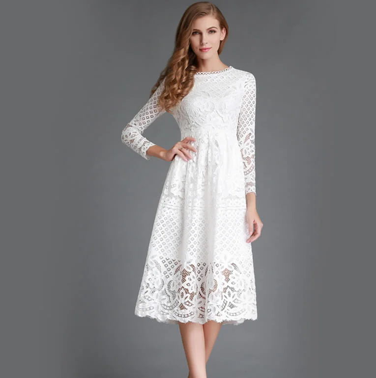 Pure Color A-line Long Lace Dress Sleeveless Lace Dress