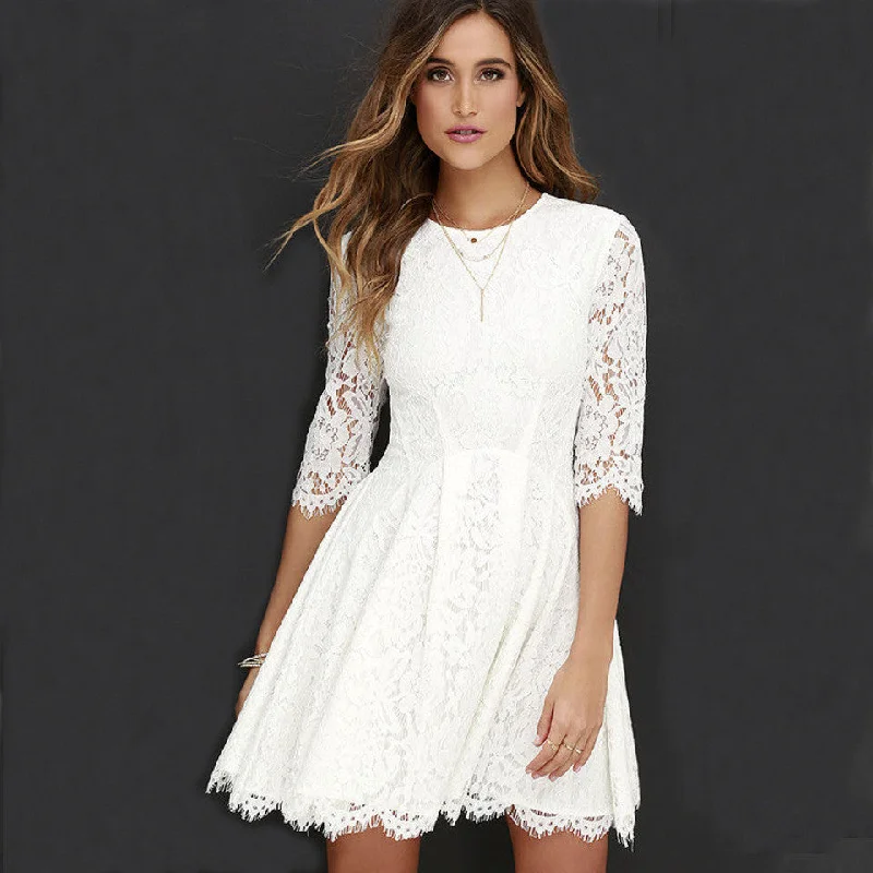 Pure Color Lace Scoop Half Sleeves Short Dress Lace Wedding Dress