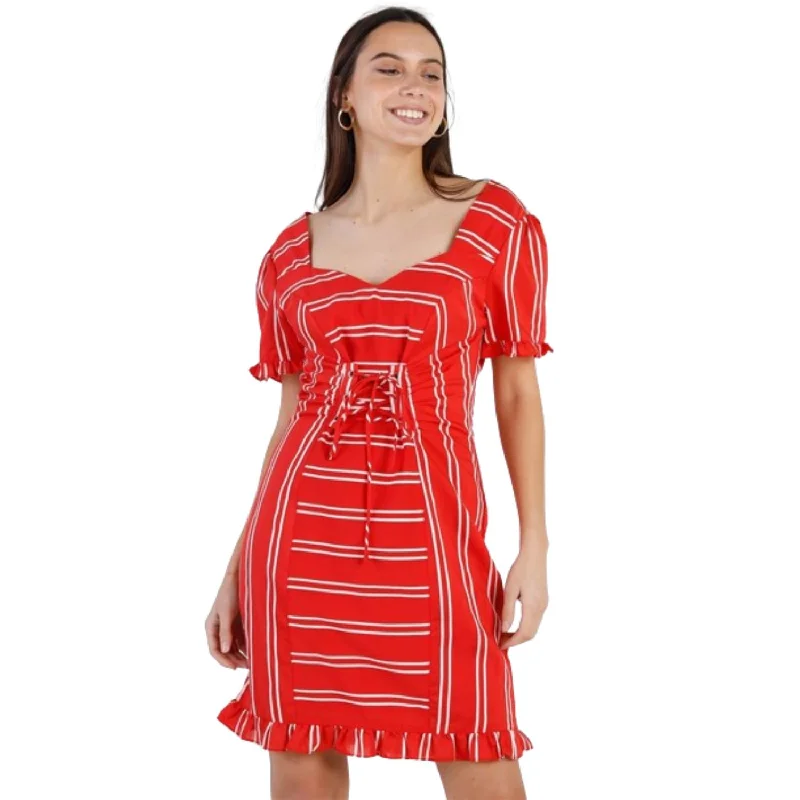 Red Stripe Lace Up Front Detail Ruffle Trim Balloon Sleeve Dress Chic Lace Dress