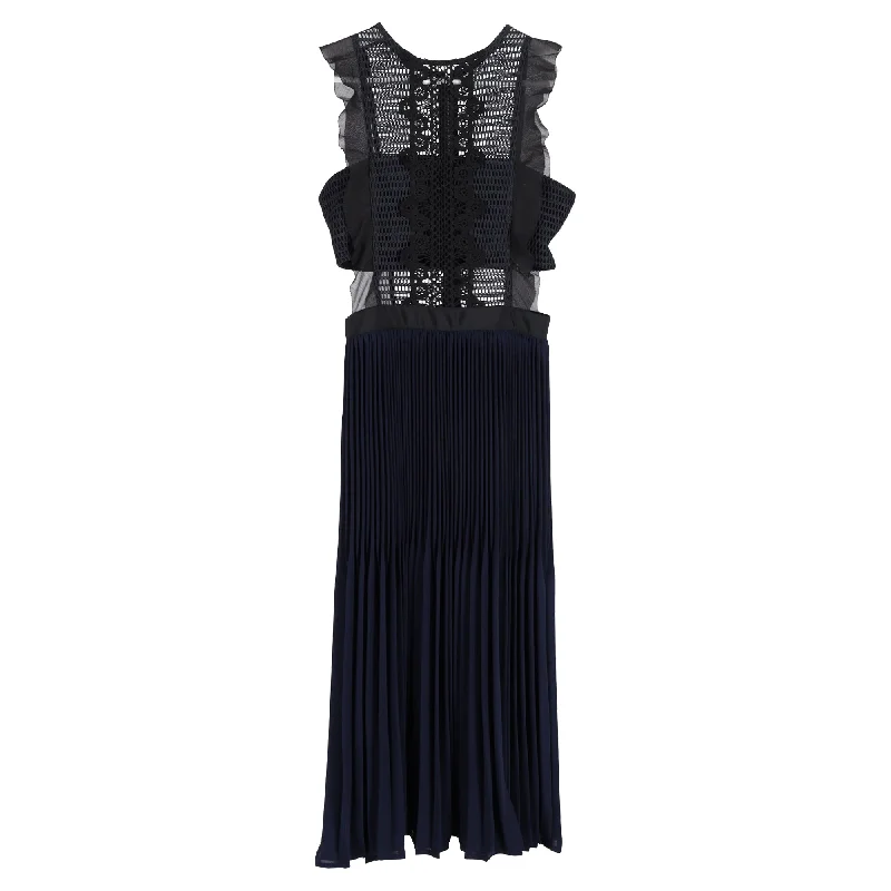 Self-Portrait Sleeveless Pleated Lace Dress in Navy Blue Polyester Lace Dress Fashion