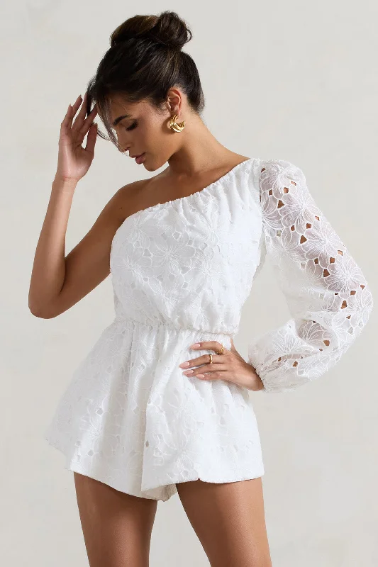 Sonny | White Lace Asymmetric Playsuit Ruffled Lace Gown