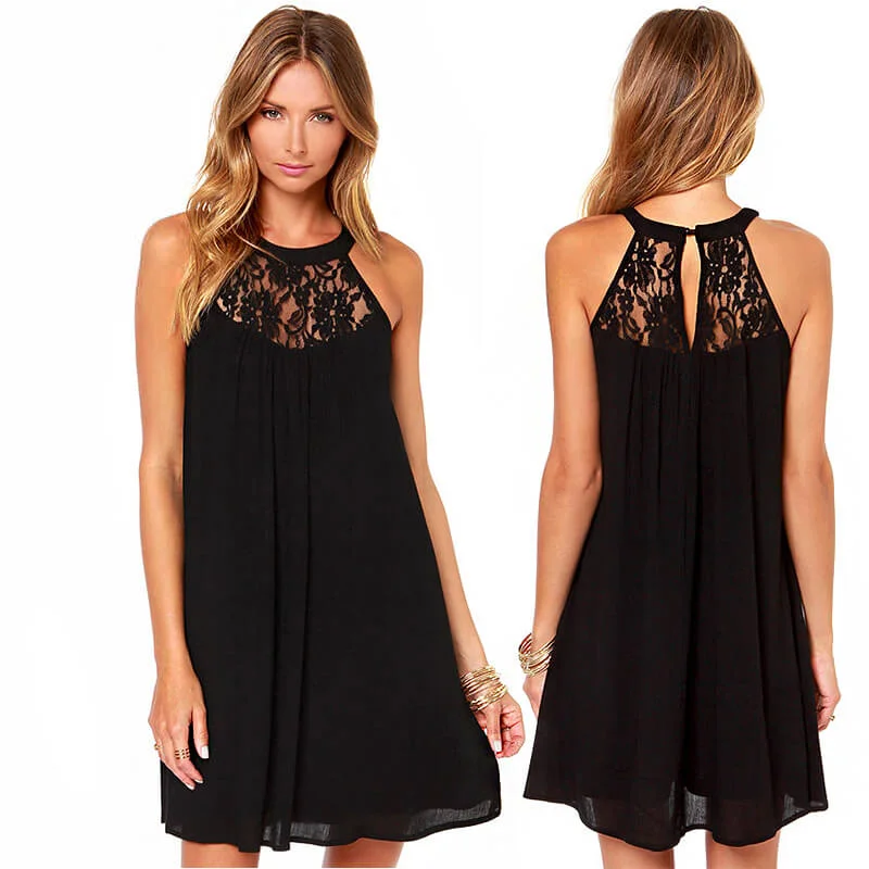 Spaghetti Straps Lace Chiffon Patchwork Backless Pleated Short Dress Lace Fit-and-Flare