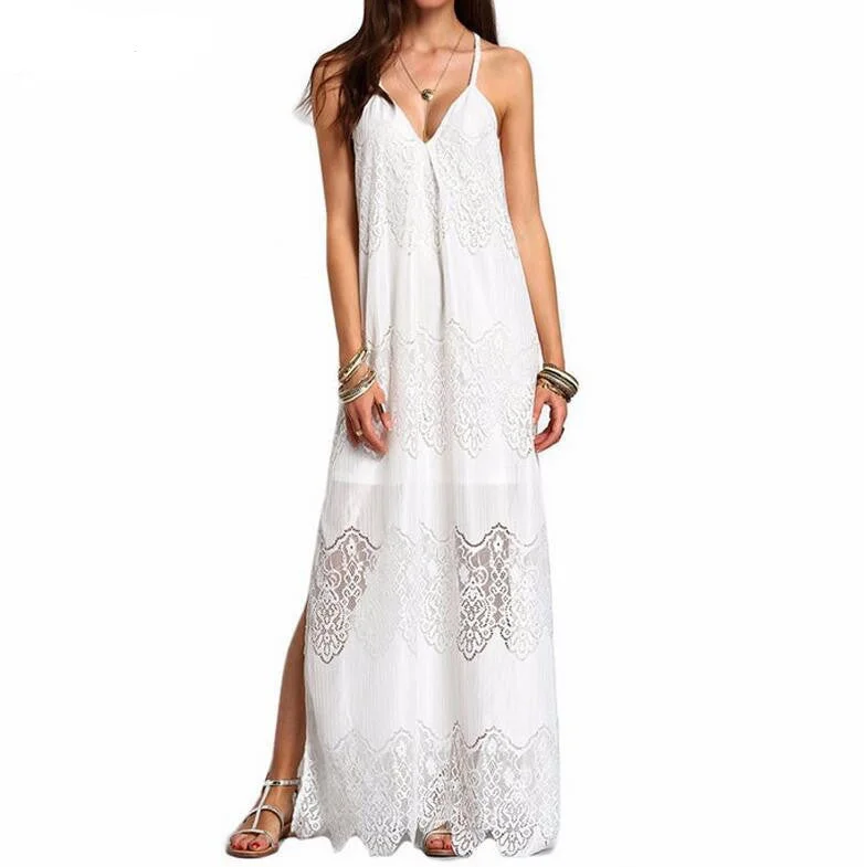 Spaghetti Straps Sleeveless V-neck Lace Long Dress Lace Dress Dreamy