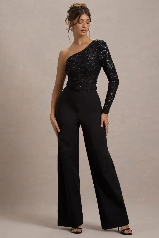 Upgrade | Black Lace Asymmetric Belted Wide-Leg Jumpsuit Simple Lace Gown